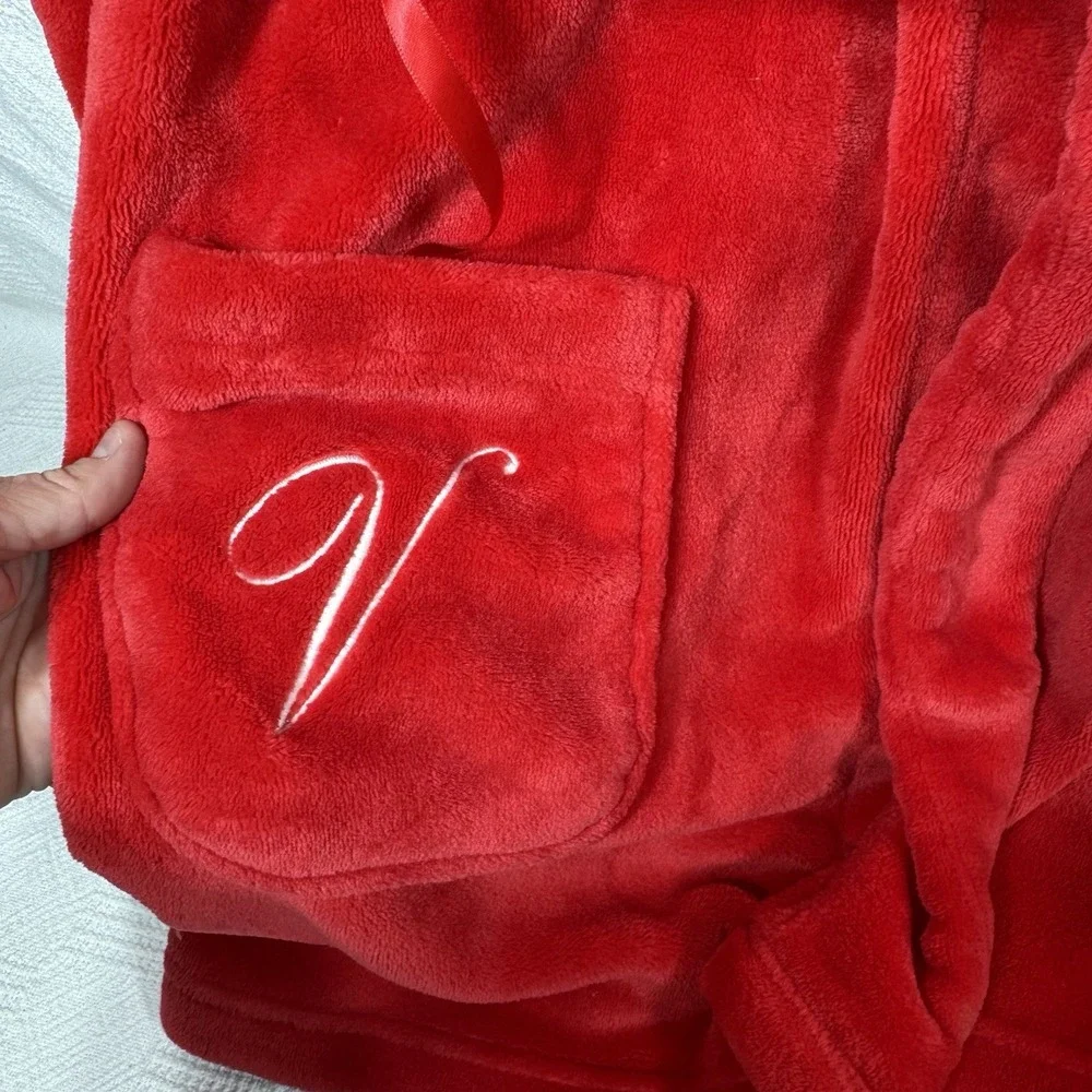 Victorias Secret Womens Fleece Short Robe Red Logo Cozy Plush‎ Lounge Med/Lg